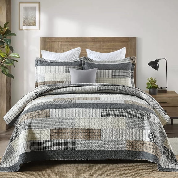 Quilts Size, Quilt Bedding Set Bedspread, Patchwork Quilt for Bed, 3 count Reversible Lightweight Comforter Bed Spread, Grey/Tan/Black