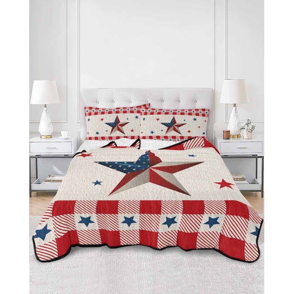 Quilts Twin Size, 4th of July Country Star Soft Comforter Bedding Set for Bed, Independence Day Patriotic Red Checkered Lightweight Quilted Bedspread with Pillow Cover(2 Pieces), 68x86 Inch