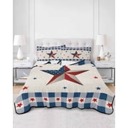 Quilts Twin Size, 4th of July Soft Comforter Bedding Set for Bed, Country American Star Blue Plaid Patriotic Lightweight Quilted Bedspread with Pillow Cover2 Pieces for All Season, 68x86 Inch