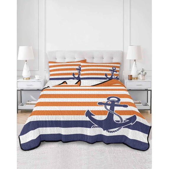 Quilts Twin Size, Anchor Orange Soft Comforter Bedding Set for Bed, Modern Navy Blue White Striped Nautical Lightweight Quilted Bedspread with Pillow Cover(2 Pieces) for All Season, 68x86 Inch