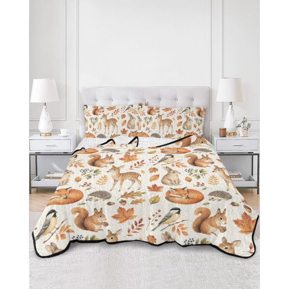 Quilts Twin Size, Animals Fall Soft Comforter Bedding Set for Bed, Thanksgiving Deer Squirrel Rabbit Lightweight Quilted Bedspread with Pillow Cover(2 Pieces) for All Season, 68x86 Inch