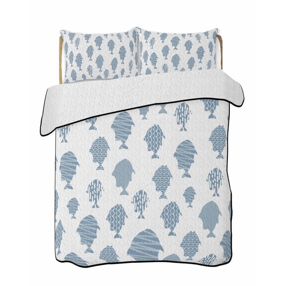 Quilts Twin Size Bedding Set, Abstract Art Fish Blue Lightweight Quilted Comforter, Coastal Ocean Summer Marine Life Soft Reversible Bedspread Coverlet with Pillow Covers for All Season, 68" x 86"