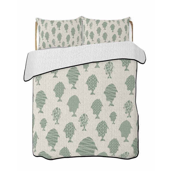 Quilts Twin Size Bedding Set, Abstract Art Fish Green Lightweight Quilted Comforter, Coastal Ocean Summer Marine Life Soft Reversible Bedspread Coverlet with Pillow Covers for All Season, 68" x 86"