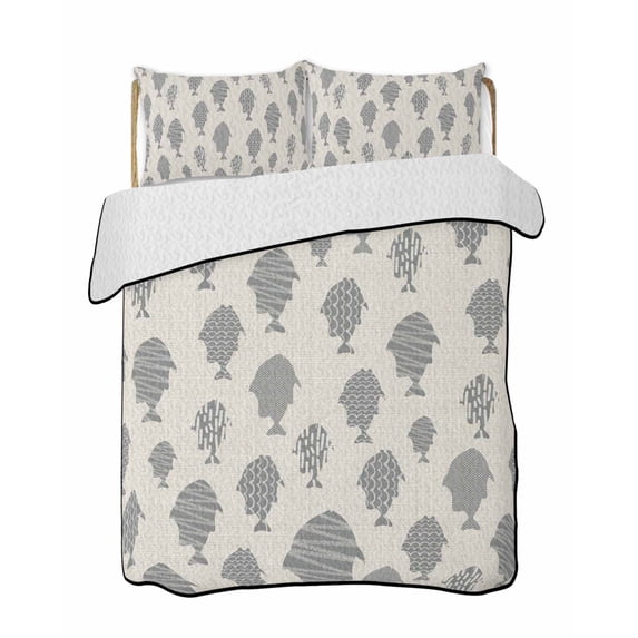 Quilts Twin Size Bedding Set, Abstract Art Fish Grey Lightweight Quilted Comforter, Coastal Ocean Summer Linen Texture Soft Reversible Bedspread Coverlet with Pillow Covers for All Season, 68" x 86"