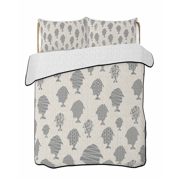 Quilts Twin Size Bedding Set, Abstract Art Fish Grey Lightweight Quilted Comforter, Coastal Ocean Summer Linen Texture Soft Reversible Bedspread Coverlet with Pillow Covers for All Season, 68" x 86"