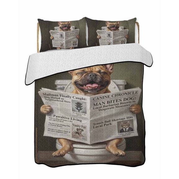 Quilts Twin Size Bedding Set, Abstract Dogs Lightweight Quilted Comforter, Cute Puppy Reading Newspaper Toilet Soft Reversible Bedspread Coverlet with Pillow Covers for All Season, 68" x 86"