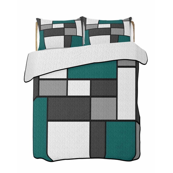 Quilts Twin Size Bedding Set, Abstract Green Grey Lightweight Quilted Comforter, Modern Geometric Color Blocks Soft Reversible Bedspread Coverlet with Pillow Covers for All Season, 68" x 86"