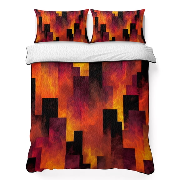 Quilts Twin Size Bedding Set, Abstract Vertical Blocks Lightweight Quilted Comforter, Orange Black Color Gradient Ombre Soft Reversible Bedspread Coverlet with Pillow Covers for All Season, 68" x 86"
