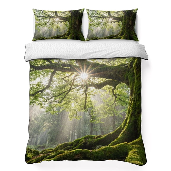 Quilts Twin Size Bedding Set, Ancient Tree Lightweight Quilted Comforter, Zen Mystical Green Lush Forest Nature Soft Reversible Bedspread Coverlet with Pillow Covers for All Season, 68" x 86"