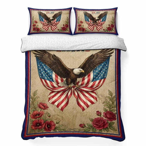 Quilts Twin Size Bedding Set, Anniversary USA Flag Lightweight Quilted Comforter, American 1776-2026 Eagle Retro Soft Reversible Bedspread Coverlet with Pillow Covers for All Season, 68" x 86"