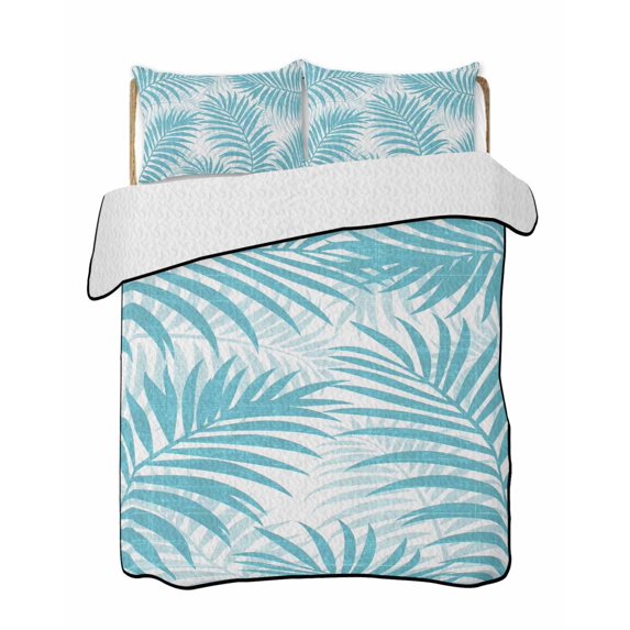 Quilts Twin Size Bedding Set, Aqua Blue Palm Leaves Lightweight Quilted Comforter, Summer Botanical Tropical Plants Soft Reversible Bedspread Coverlet with Pillow Covers for All Season, 68" x 86"