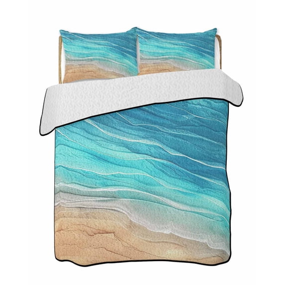 Quilts Twin Size Bedding Set, Aqua Ombre Coastal Lightweight Quilted Comforter, Summer Nautical Beach Ocean Seaside Soft Reversible Bedspread Coverlet with Pillow Covers for All Season, 68" x 86"