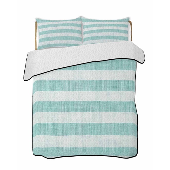 Quilts Twin Size Bedding Set, Aqua Striped Lightweight Quilted Comforter, Rustic Farmhouse Stripes Soft Reversible Bedspread Coverlet with Pillow Covers for All Season, 68" x 86"