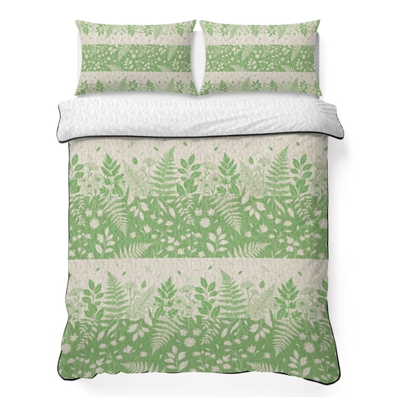 Quilts Twin Size Bedding Set, Beige Green Botanical Lightweight Quilted Comforter, Farmhouse Pastoral Leaves Burlap Soft Reversible Bedspread Coverlet with Pillow Covers for All Season, 68" x 86"