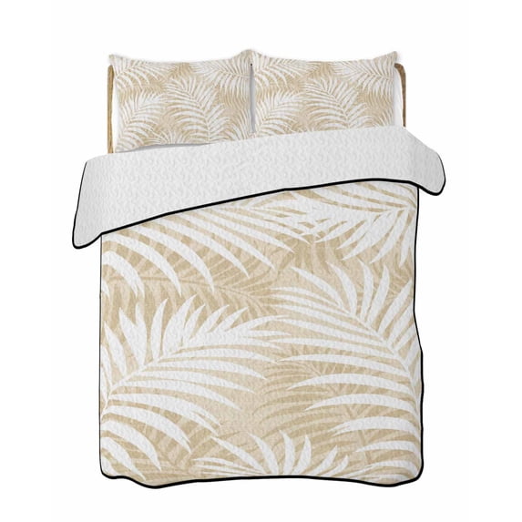 Quilts Twin Size Bedding Set, Beige Palm Leaf Lightweight Quilted Comforter, Summer Coastal Botanical Tropical Soft Reversible Bedspread Coverlet with Pillow Covers for All Season, 68" x 86"
