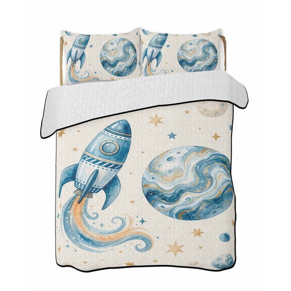 Quilts Twin Size Bedding Set, Beige Space Rocket Lightweight Quilted Comforter, Modena Abstract Universe Planet Soft Reversible Bedspread Coverlet with Pillow Covers for All Season, 68" x 86"