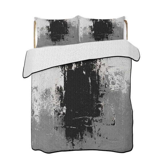 Quilts Twin Size Bedding Set, Black Cement Gray Lightweight Quilted Comforter, Modern Abstract Art Black Soft Reversible Bedspread Coverlet with Pillow Covers for All Season, 68" x 86"
