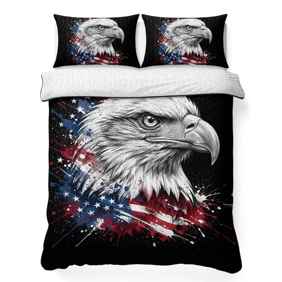 Quilts Twin Size Bedding Set, Black Eagle American Flag Lightweight Quilted Comforter, USA Flag 4th of July Soft Reversible Bedspread Coverlet with Pillow Covers for All Season, 68" x 86"