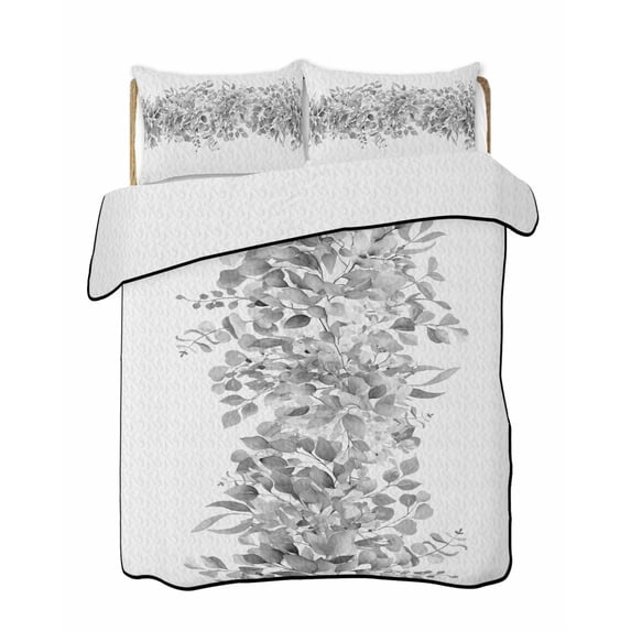 Quilts Twin Size Bedding Set, Black Grey Eucalyptus Leaves Lightweight Quilted Comforter, Spring Summer Botanical Floral Reversible Bedspread Coverlet with Pillow Covers for All Season, 68" x 86"