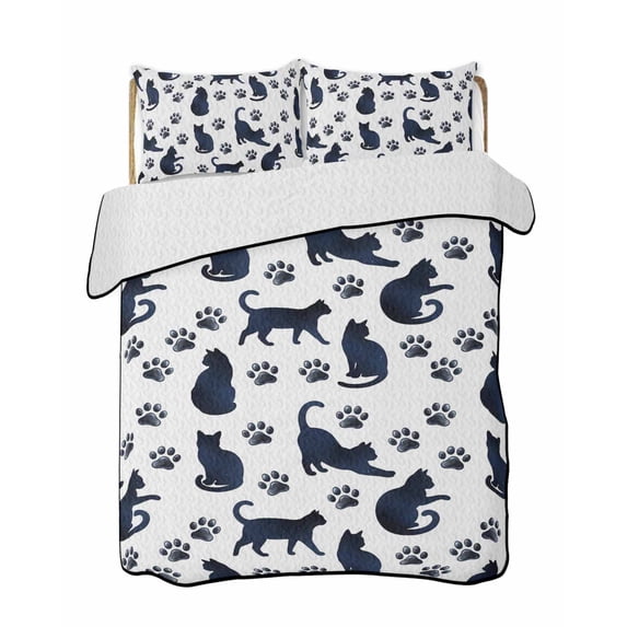 Quilts Twin Size Bedding Set, Black Navy Blue Cat Lightweight Quilted Comforter, Cat Paw Farmhouse Soft Reversible Bedspread Coverlet with Pillow Covers for All Season, 68" x 86"