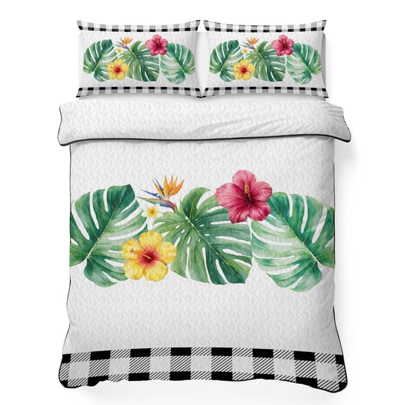 Quilts Twin Size Bedding Set, Black Plaid Summer Botanical Lightweight Quilted Comforter, Tropical Monstera Spring Floral Soft Bedspread Coverlet with Pillow Covers for All Season, 68" x 86"