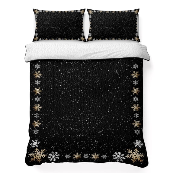 Quilts Twin Size Bedding Set, Black Snowflake Christmas Lightweight Quilted Comforter, Xmas Snowflake Winter Soft Reversible Bedspread Coverlet with Pillow Covers for All Season, 68" x 86"