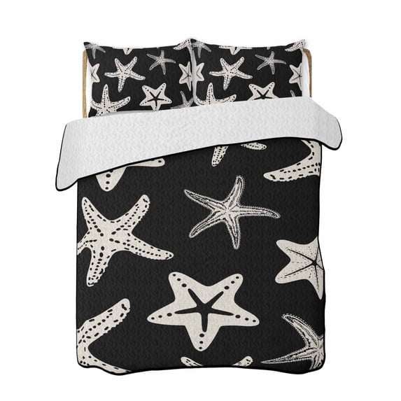 Quilts Twin Size Bedding Set, Black Starfish Coastal Lightweight Quilted Comforter, Nautical Summer Ocean Abstract Art Soft Reversible Bedspread Coverlet with Pillow Covers for All Season, 68" x 86"
