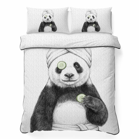 Quilts Twin Size Bedding Set, Black White Panda Lightweight Quilted Comforter, Funny Grey Vintage Bath Wrap Animals Soft Reversible Bedspread Coverlet with Pillow Covers for All Season, 68" x 86"
