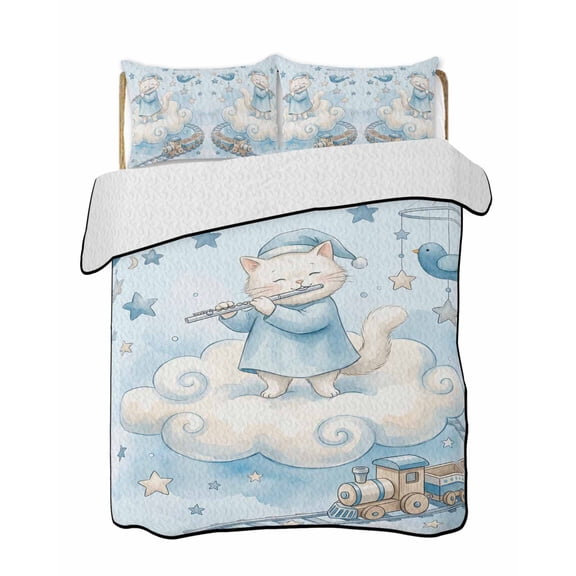 Quilts Twin Size Bedding Set, Blue Cartoon Cats Lightweight Quilted Comforter, Cute Cats Sleeping Dreams Clouds Soft Reversible Bedspread Coverlet with Pillow Covers for All Season, 68" x 86"