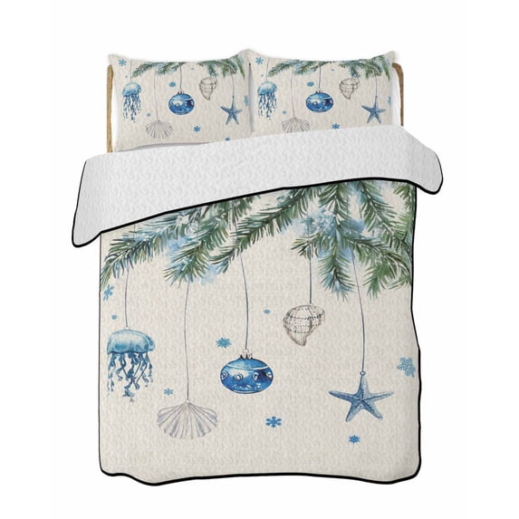 Quilts Twin Size Bedding Set, Blue Coastal Christmas Lightweight Quilted Comforter, Xmas Botanical Starfish Rustic Soft Reversible Bedspread Coverlet with Pillow Covers for All Season, 68" x 86"