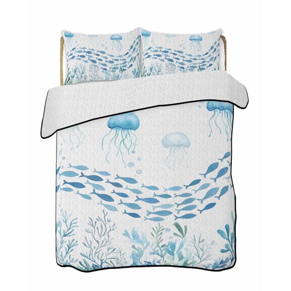 Quilts Twin Size Bedding Set, Blue Coastal Jellyfish Lightweight Quilted Comforter, Fish Coral Ocean Life Underwater Soft Reversible Bedspread Coverlet with Pillow Covers for All Season, 68" x 86"