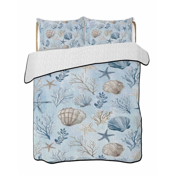 Quilts Twin Size Bedding Set, Blue Coastal Lightweight Quilted Comforter, Country Nautical Starfish Coral Seashells Soft Reversible Bedspread Coverlet with Pillow Covers for All Season, 68" x 86"
