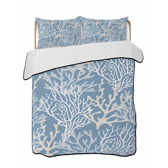Quilts Twin Size Bedding Set, Blue Coral Coastal Lightweight Quilted Comforter, Ocean Nautical Seaside Beach Soft Reversible Bedspread Coverlet with Pillow Covers for All Season, 68" x 86"