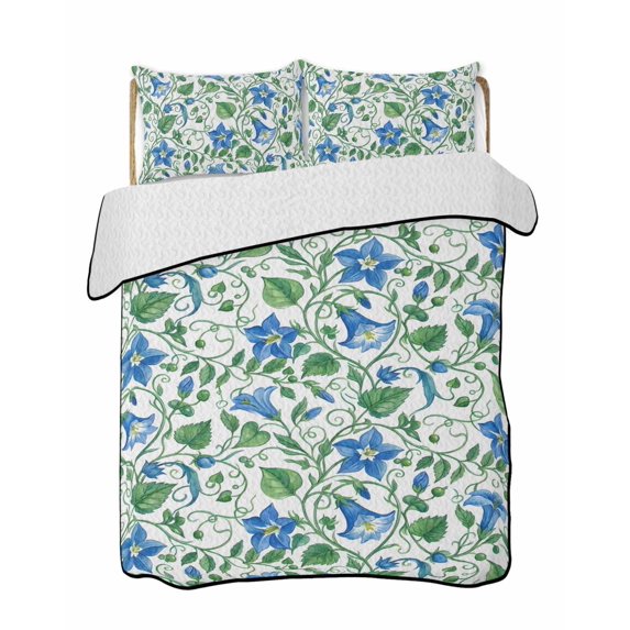 Quilts Twin Size Bedding Set, Blue Green Botanical Lightweight Quilted Comforter, Watercolor Spring Floral Summer Soft Reversible Bedspread Coverlet with Pillow Covers for All Season, 68" x 86"