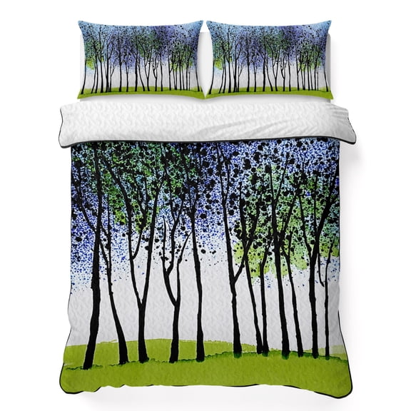 Quilts Twin Size Bedding Set, Blue Green Forest Lightweight Quilted Comforter, Modern Nature Tree Branch Landscape Soft Reversible Bedspread Coverlet with Pillow Covers for All Season, 68" x 86"