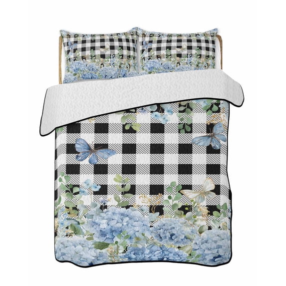 Quilts Twin Size Bedding Set, Blue Hydrangea Lightweight Quilted Comforter, Spring Summer Eucalyptus Black Checkered Soft Reversible Bedspread Coverlet with Pillow Covers for All Season, 68" x 86"