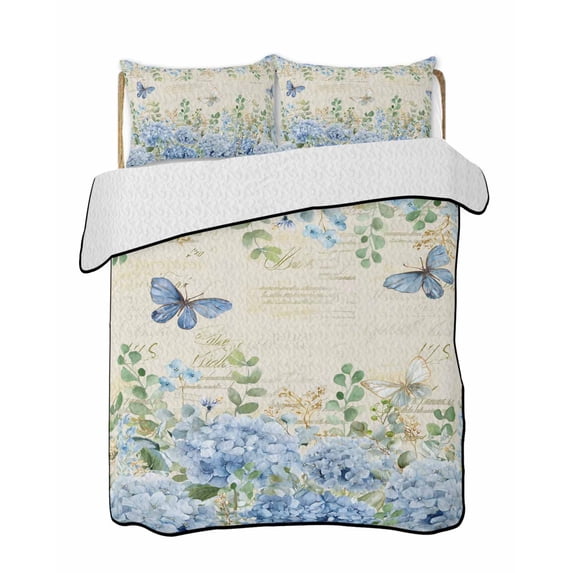 Quilts Twin Size Bedding Set, Blue Hydrangea Lightweight Quilted Comforter, Spring Summer Eucalyptus Farmhouse Retro Soft Reversible Bedspread Coverlet with Pillow Covers for All Season, 68" x 86"