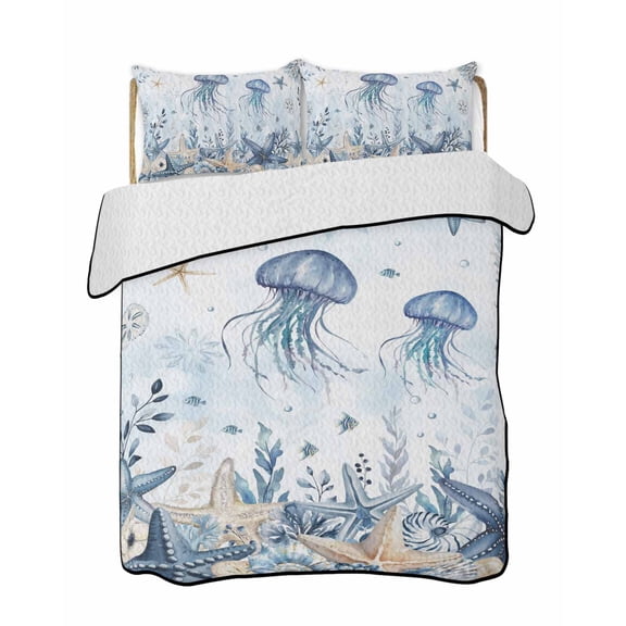 Quilts Twin Size Bedding Set, Blue Jellyfish Coastal Lightweight Quilted Comforter, Beach Starfish Nautical Coral Ombre Soft Reversible Bedspread Coverlet with Pillow Covers for All Season, 68" x 86"