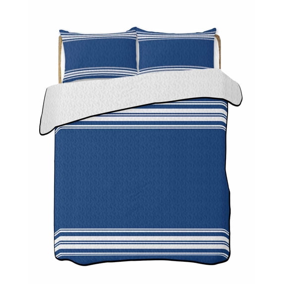 Quilts Twin Size Bedding Set, Blue Striped Lightweight Quilted Comforter, Farmhouse Blue White Stripes Soft Reversible Bedspread Coverlet with Pillow Covers for All Season, 68" x 86"