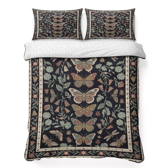 Quilts Twin Size Bedding Set, Boho Botanical Lightweight Quilted Comforter, Vintage Bohemia Green Butterflies Flowers Soft Reversible Bedspread Coverlet with Pillow Covers for All Season, 68" x 86"