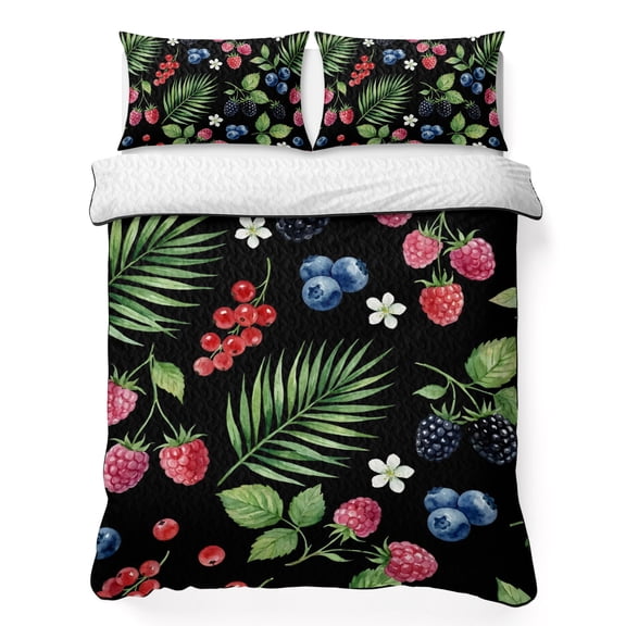 Quilts Twin Size Bedding Set, Botanical Fruit Lightweight Quilted Comforter, Retro Blueberry Raspberry Leaves Black Soft Reversible Bedspread Coverlet with Pillow Covers for All Season, 68" x 86"