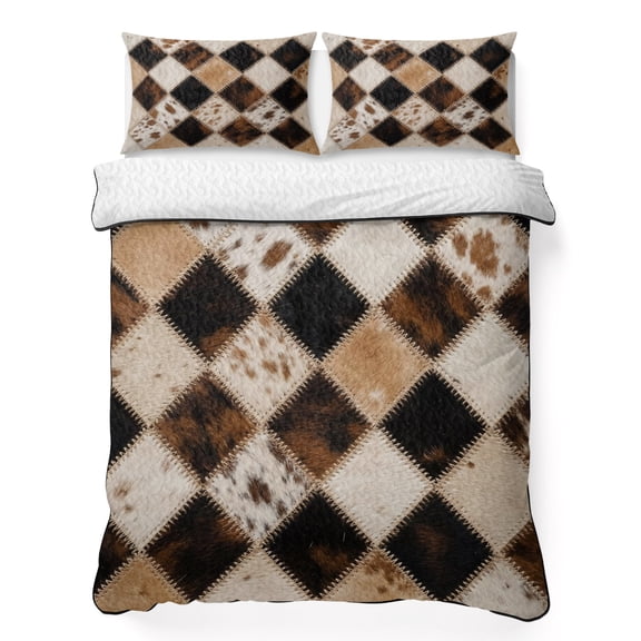 Quilts Twin Size Bedding Set, Brown Cow Print Lightweight Quilted Comforter, Farmhouse Country Cowhide Fur Textured Soft Reversible Bedspread Coverlet with Pillow Covers for All Season, 68" x 86"