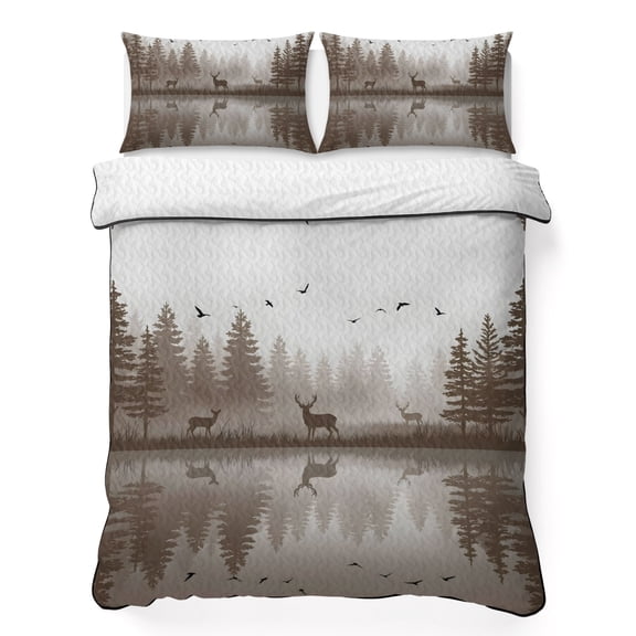 Quilts Twin Size Bedding Set, Brown Forest Lightweight Quilted Comforter, Pine Tree Raindeer Lake Misty Natural Scenery Soft Reversible Bedspread Coverlet with Pillow Covers for All Season, 68" x 86"