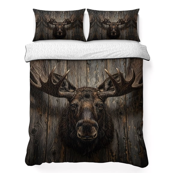 Quilts Twin Size Bedding Set, Brown Moose Head Lightweight Quilted Comforter, Farmhouse Wooden Country Soft Reversible Bedspread Coverlet with Pillow Covers for All Season, 68" x 86"