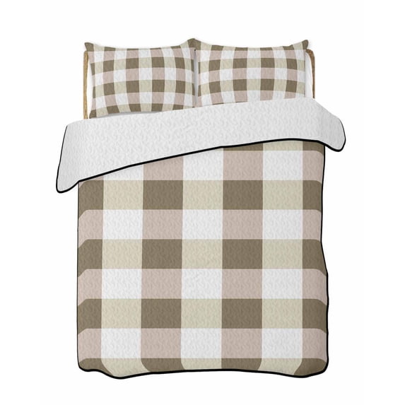 Quilts Twin Size Bedding Set, Brown Plaid Lightweight Quilted Comforter, Spring Summer Farmhouse Buffalo Checkered Soft Reversible Bedspread Coverlet with Pillow Covers for All Season, 68" x 86"