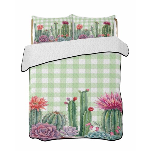 Quilts Twin Size Bedding Set, Cactus Tropical Watercolor Lightweight Quilted Comforter, Sage Green Plaid Summer Soft Reversible Bedspread Coverlet with Pillow Covers for All Season, 68" x 86"