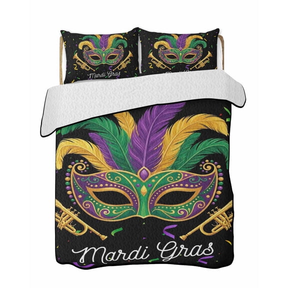 Quilts Twin Size Bedding Set, Carnival Lightweight Quilted Comforter, Chic Purple Green Feathers Mask Ribbons Soft Reversible Bedspread Coverlet with Pillow Covers for All Season, 68" x 86"