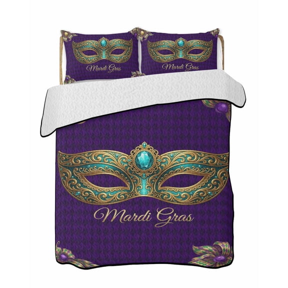 Quilts Twin Size Bedding Set, Carnival Lightweight Quilted Comforter, Modern Chic Mask Flower Purple Plaid Checkered Soft Reversible Bedspread Coverlet with Pillow Covers for All Season, 68" x 86"