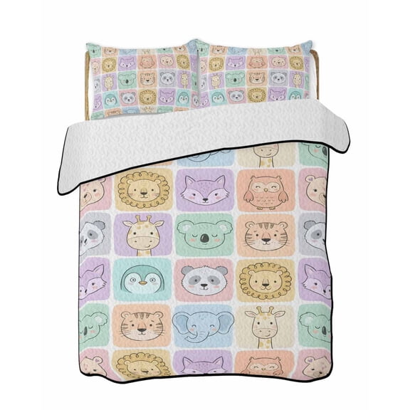 Quilts Twin Size Bedding Set, Cartoon Animals Lightweight Quilted Comforter, Modern Cute Elephant Lion Koala Fox Soft Reversible Bedspread Coverlet with Pillow Covers for All Season, 68" x 86"