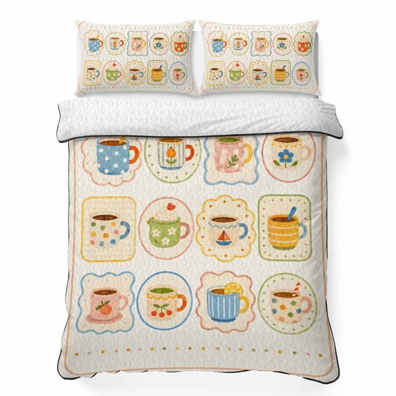 Quilts Twin Size Bedding Set, Cartoon Coffee Mugs Lightweight Quilted Comforter, Cute Funny Tea Cups Delightful Soft Reversible Bedspread Coverlet with Pillow Covers for All Season, 68" x 86"